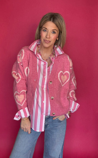 Pink Heart V-Neck Cardigan