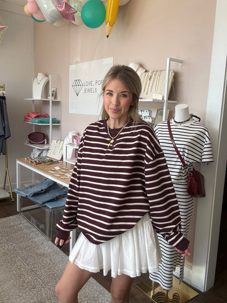 Raspberry & Ecru Striped Pullover