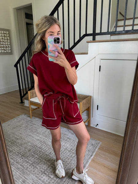 Maroon Contrast Stitch Shorts Set- 2pcs