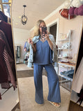 Blue Grey Cotton Slub Pant Set - 2pcs