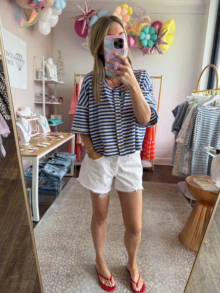 Striped Button Up Crew Tee - Blue