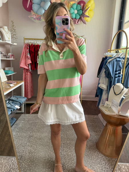 Seafoam & Coral Striped Polo Sweater