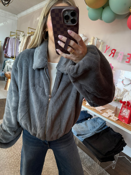 Zip Up Gray Fur Jacket