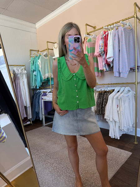 Green Ruffle Collar Button Up Tank