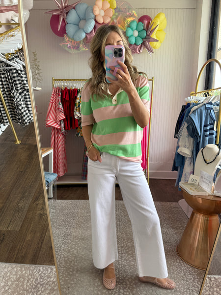 Seafoam & Coral Striped Polo Sweater