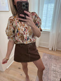Ecru Leaf Print Short Sleeve Blouse