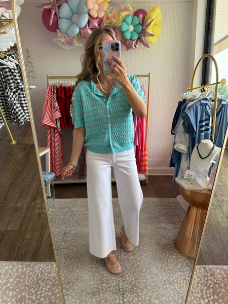 Blue Pointelle Puff Sleeve Sweater