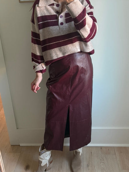 Maroon Faux Leather Midi Skirt