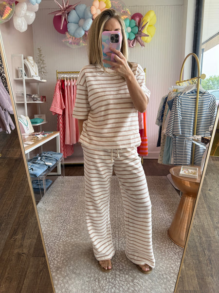 Taupe Striped Terry Pant Set -2pcs