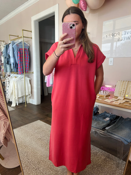 Coral Split Collar Midi Dress