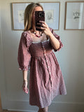 Burgundy & Cream Gingham Smocked Babydoll Dress