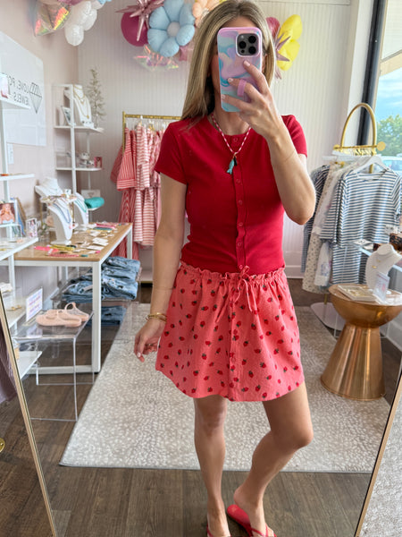 Red Ribbed Button Front Top