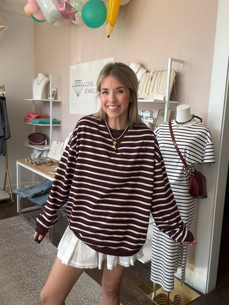 Raspberry & Ecru Striped Pullover