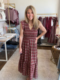 Maroon Plaid Ruffled Maxi Dress