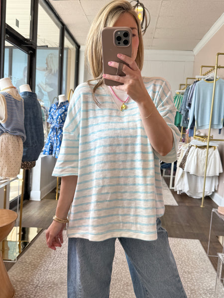Blue Striped V-Stitch Top