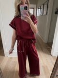 Maroon Contrast Stitch Pants Set - 2pcs