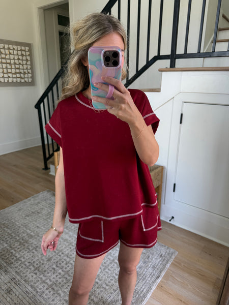 Maroon Contrast Stitch Shorts Set- 2pcs