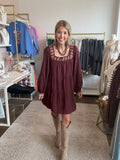 Wine Embroidered Square Neck Dress
