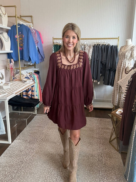 Wine Embroidered Square Neck Dress