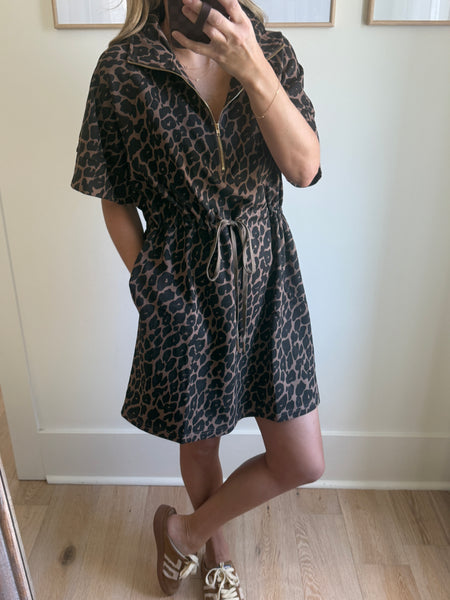 Leopard Drawstring Half-zip Dress