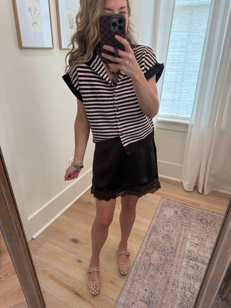 Espresso and Pink Sleeveless Button Up Sweater