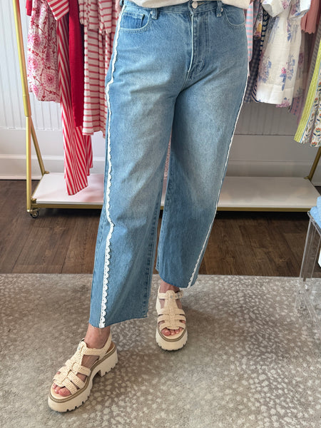 Lace Trim Barrel Denim Pants