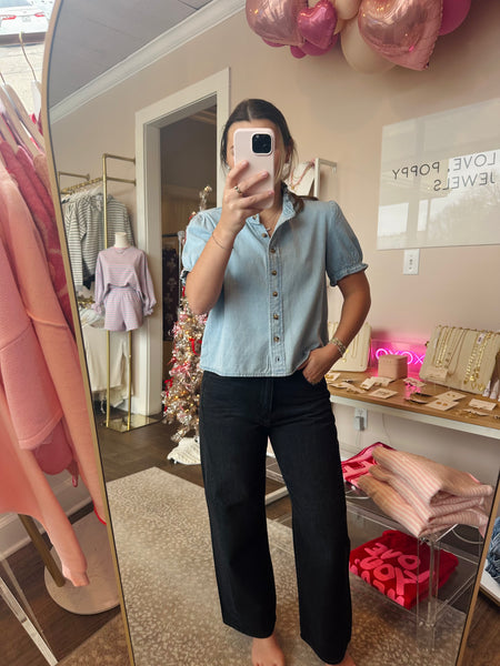Puff Sleeve Denim Button-Up