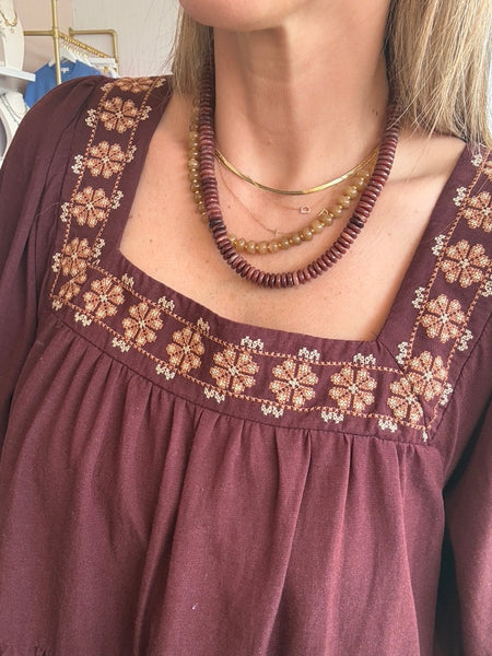 Wine Embroidered Square Neck Dress