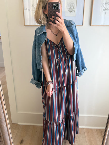 Burgundy & Blue Tiered Maxi Dress
