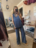 Blue Grey Cotton Slub Pant Set - 2pcs