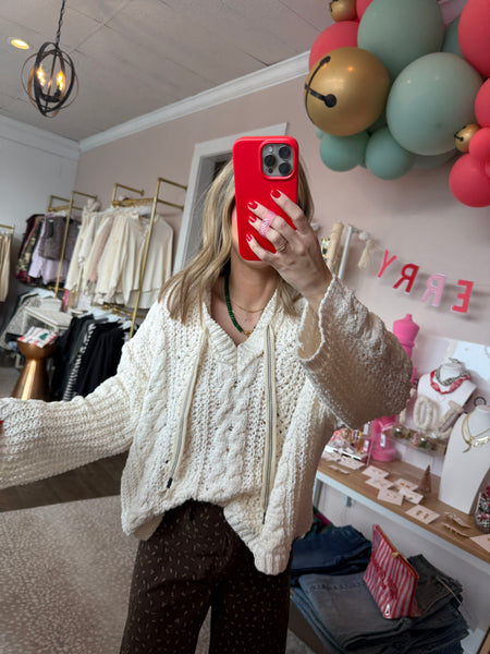 Chenille v-neck hoodie sweater - cream