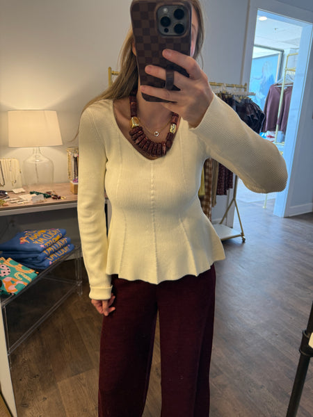 Cream Peplum Ribbed Top