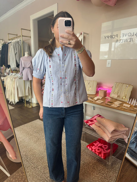 Embroidered Pintuck Puff Sleeve Blouse