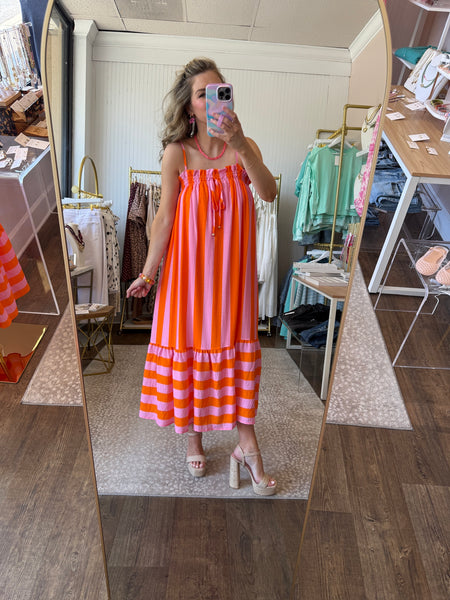 Orange Striped Midi Dress
