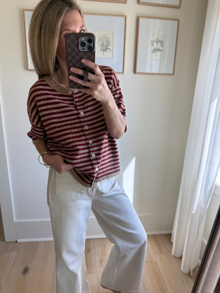 Latte/Berry Striped Short Sleeve Cardigan
