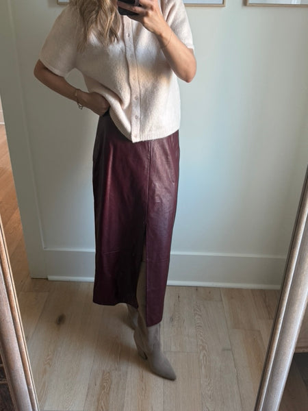 Maroon Faux Leather Midi Skirt