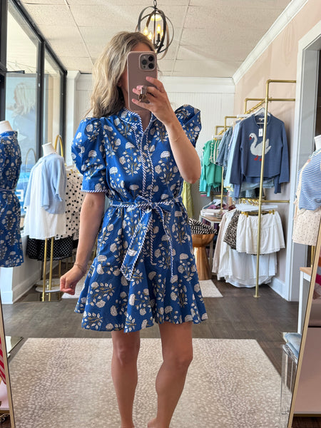 Blue Floral Puff Sleeve Dress