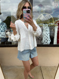 Lace Trim Textured Button Down Shirt