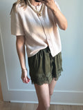 Olive Lace Trim Satin Shorts