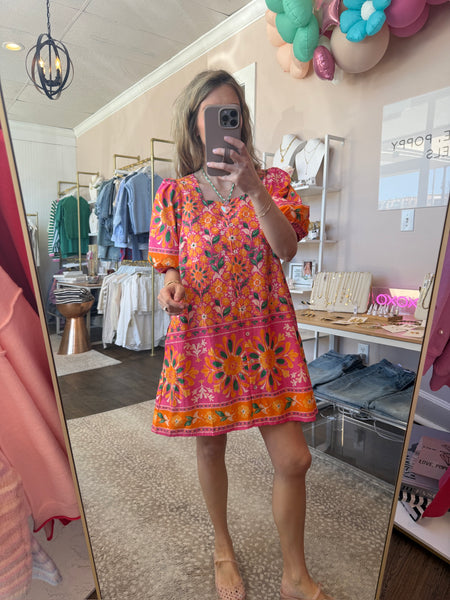 Hot Pink Puff Sleeve Dress