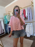 Striped Button Up Crew Tee - Pink