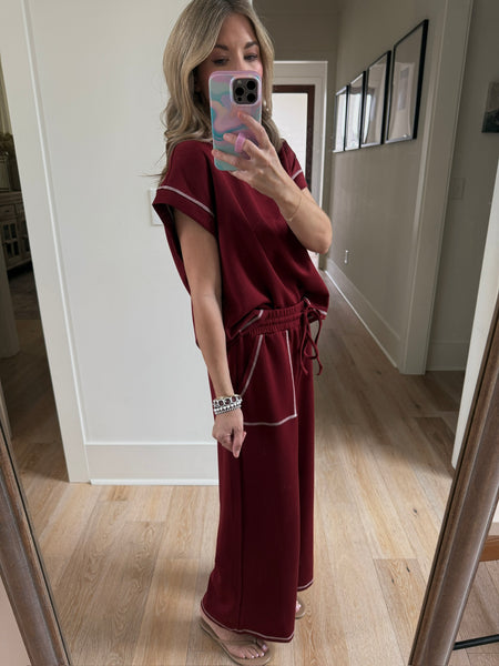Maroon Contrast Stitch Pants Set - 2pcs