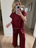 Maroon Contrast Stitch Pants Set - 2pcs