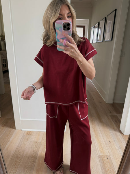 Maroon Contrast Stitch Pants Set - 2pcs