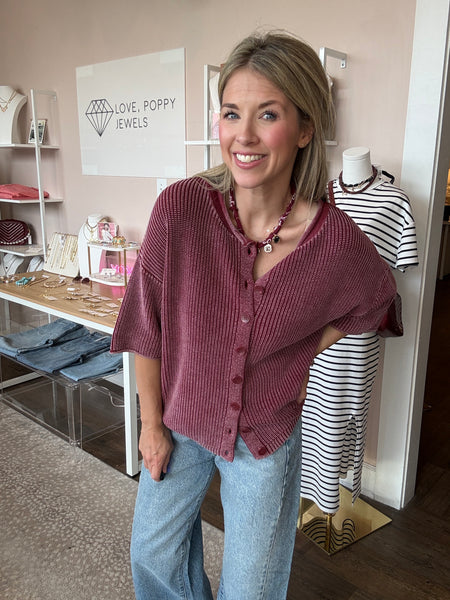 Maroon Washed Ribbed Short Sleeve Cardigan