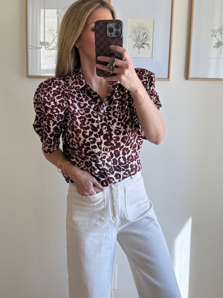 Maroon Animal Print Collared Top