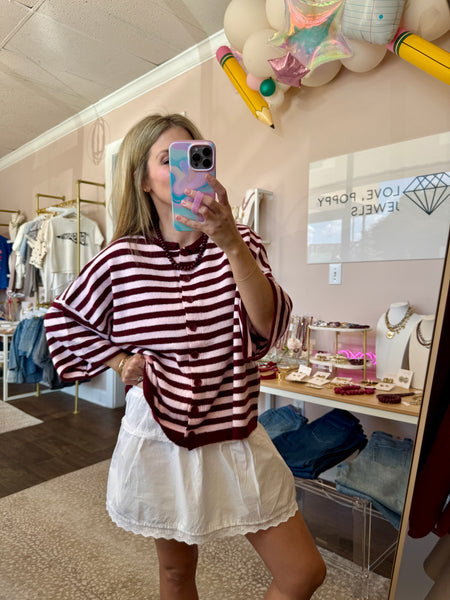Maroon Stripe Short Sleeve Cardigan