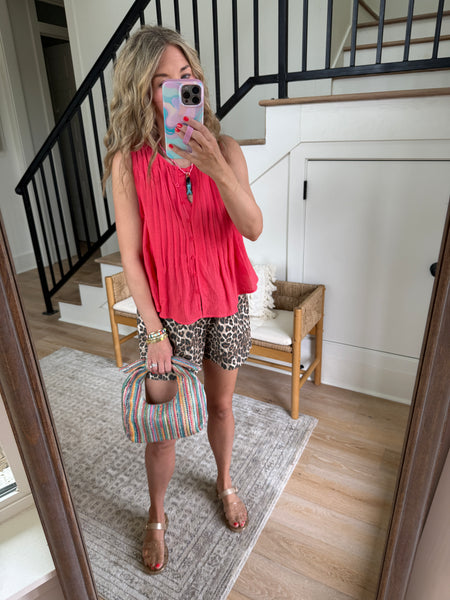 Papaya Pleated Button Up Tank