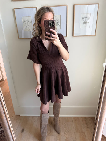 Chestnut Ribbed Knit Collared Dress