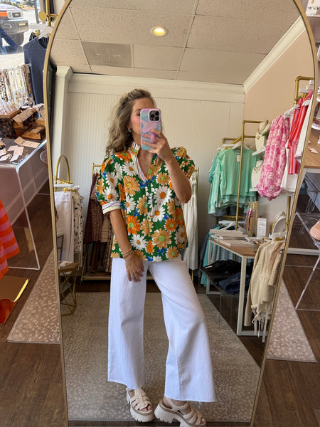 Green Floral Puff Sleeve Blouse